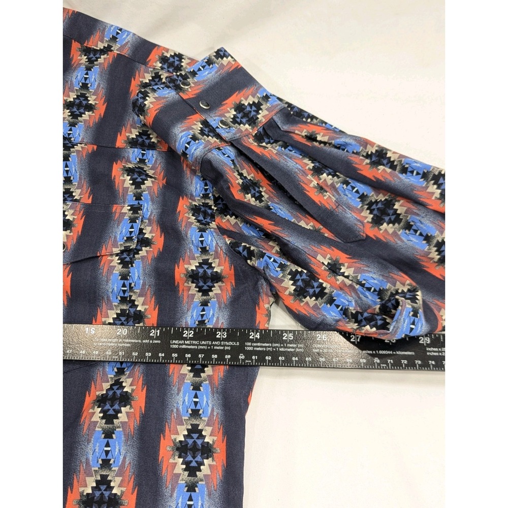 Vintage‎ Wrangler Aztec Pearl Snap Mens Cowboy Dress Shirt Blue Size Large - Picture 9 of 10